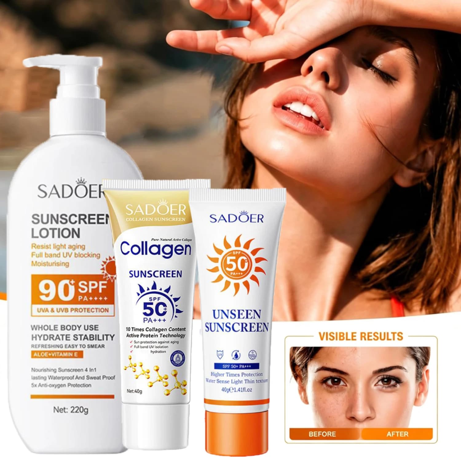 Crème solaire visage et corps SADOER SPF 90+ 50+, protection UV, protection solaire de la peau, anti-brillance, hydratante