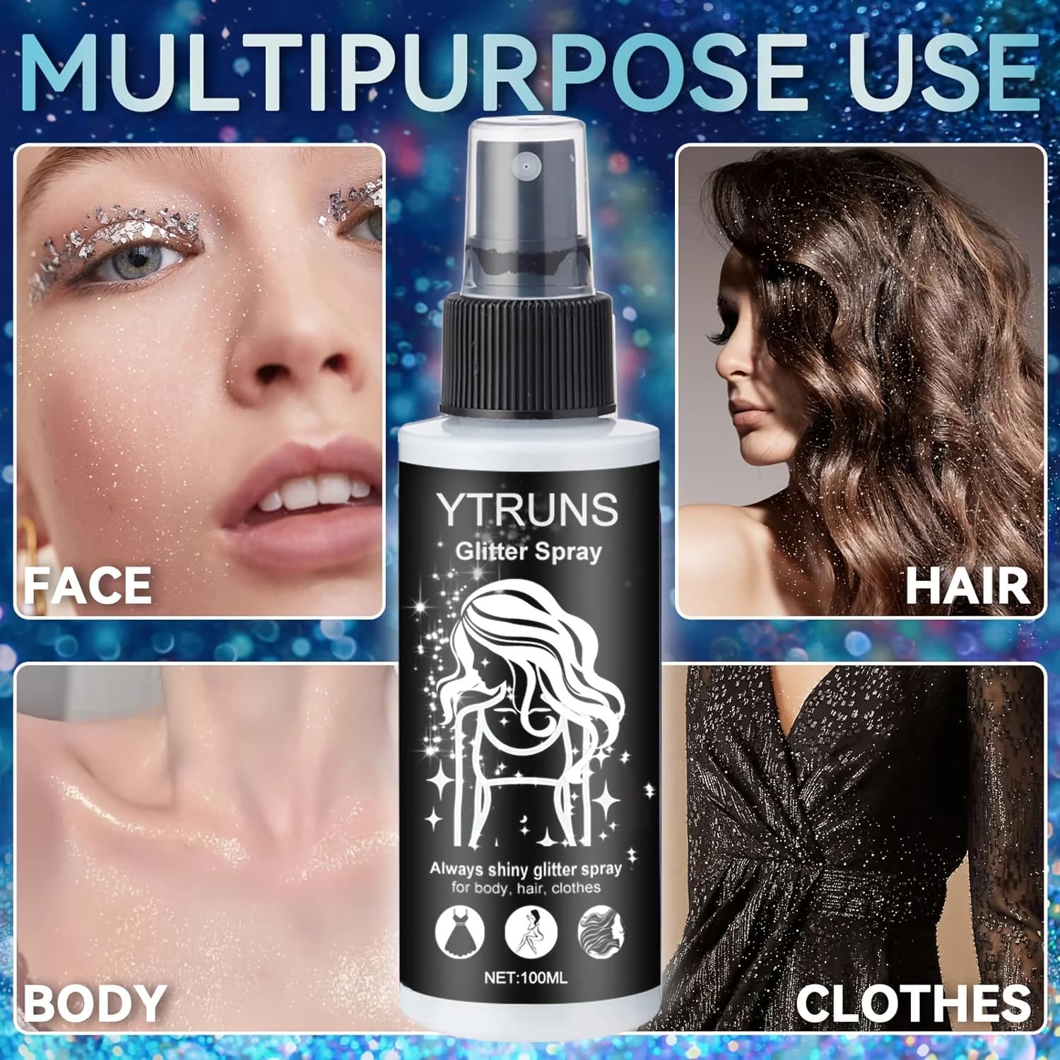 Spray pailleté à haute brillance de 100 ml, peut être utilisé pour le corps/cheveux/vêtements