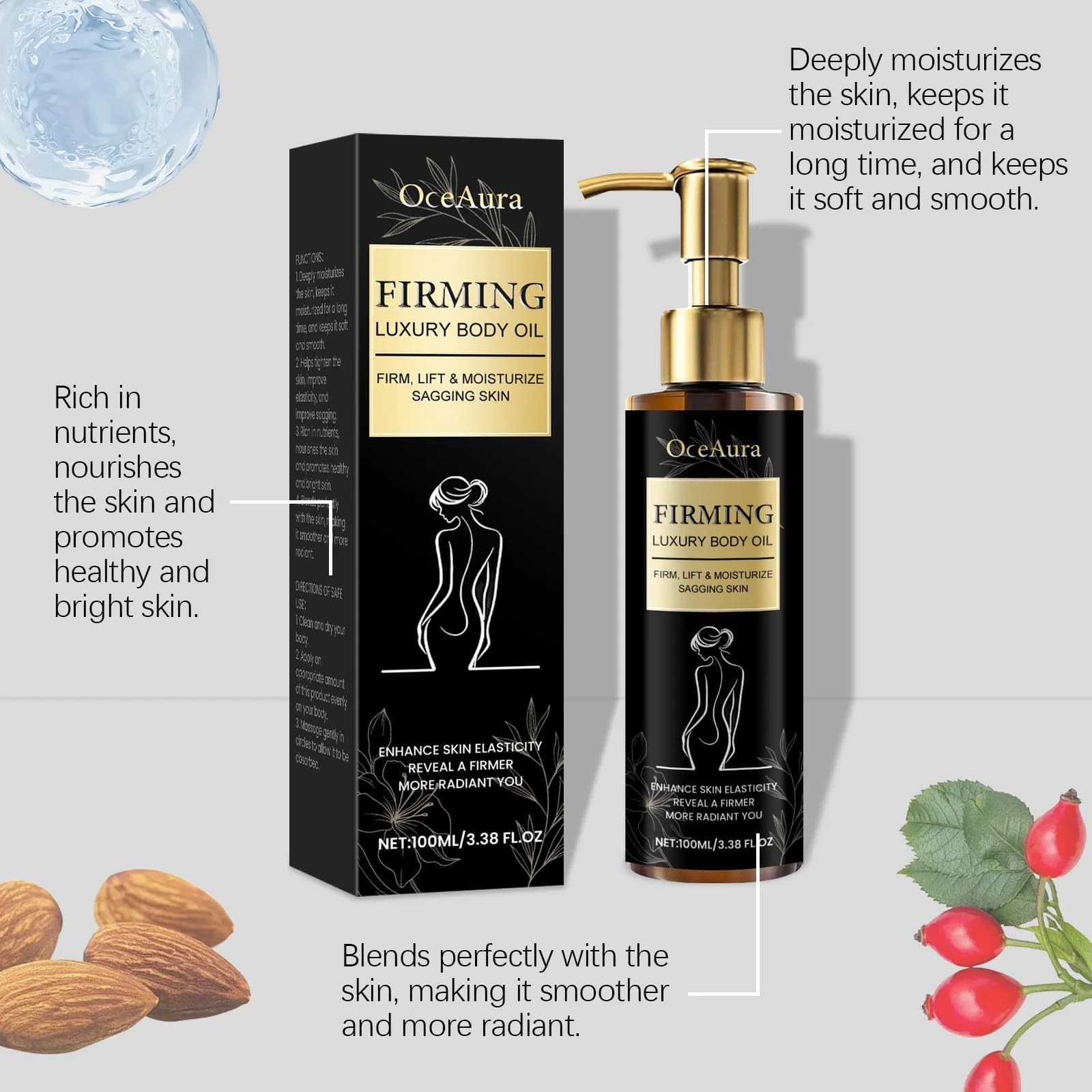 Huile corporelle raffermissante hydratante Anti-Cellulite améliore l'affaissement raffermissant façonnant minceur lissant éclaircissant huile de Massage corporel