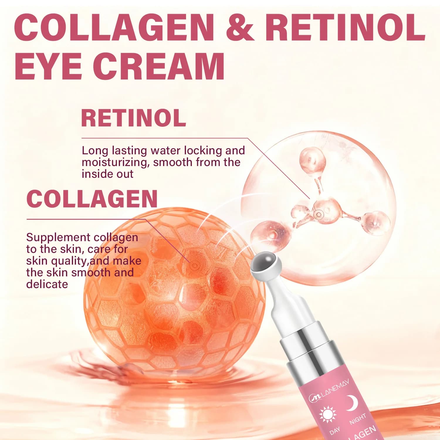 Crème pour les yeux de jour et de nuit roll-on au collagène rétinol pour anti-cercles foncées, poches pour les yeux et raffermissant la peau autour des yeux 15 ml