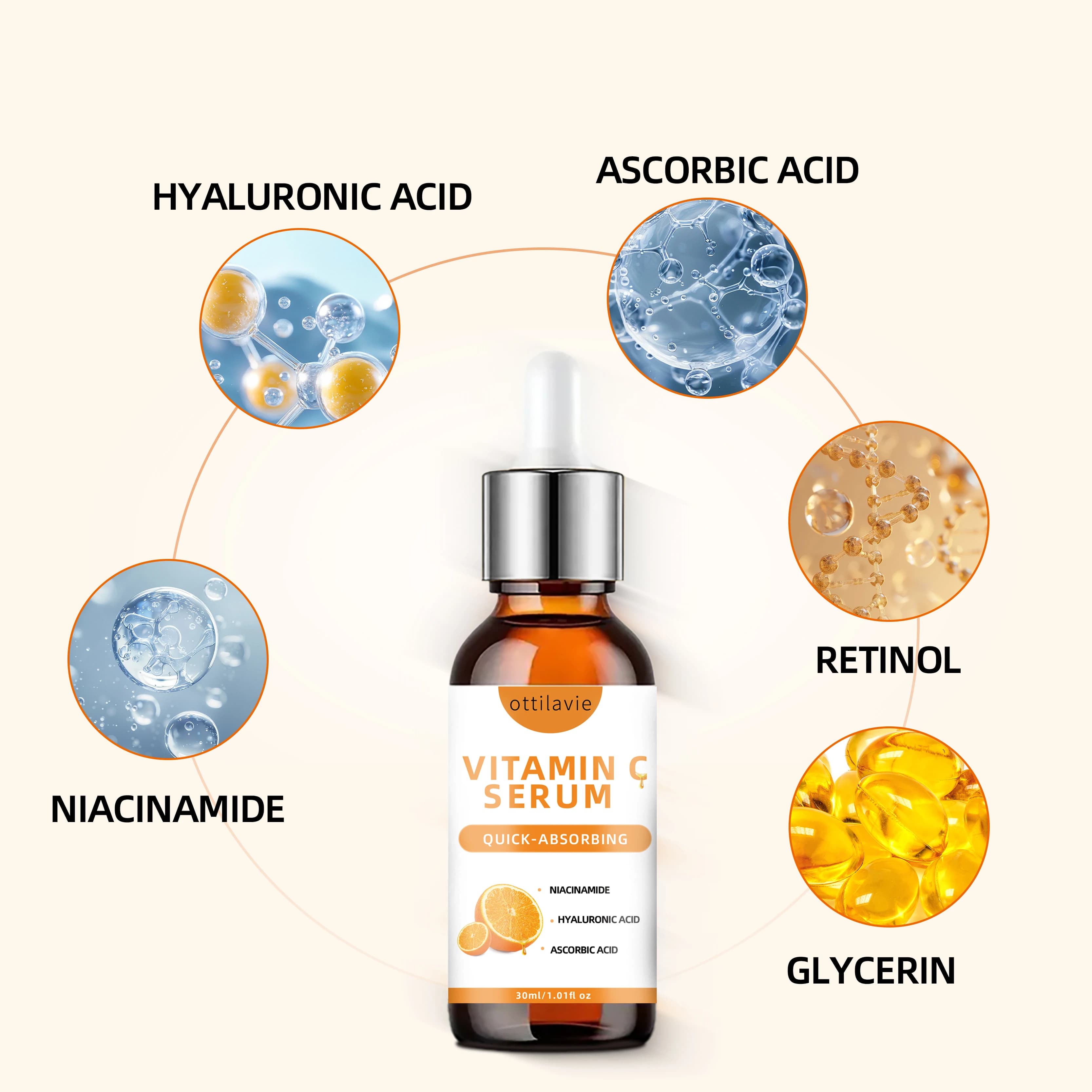 Sérum à la vitamine C à l'acide hyaluronique – Absorption rapide, Hydratation en profondeur, Non gras, Nutrition 24 heures pour une peau éclatante instantanée