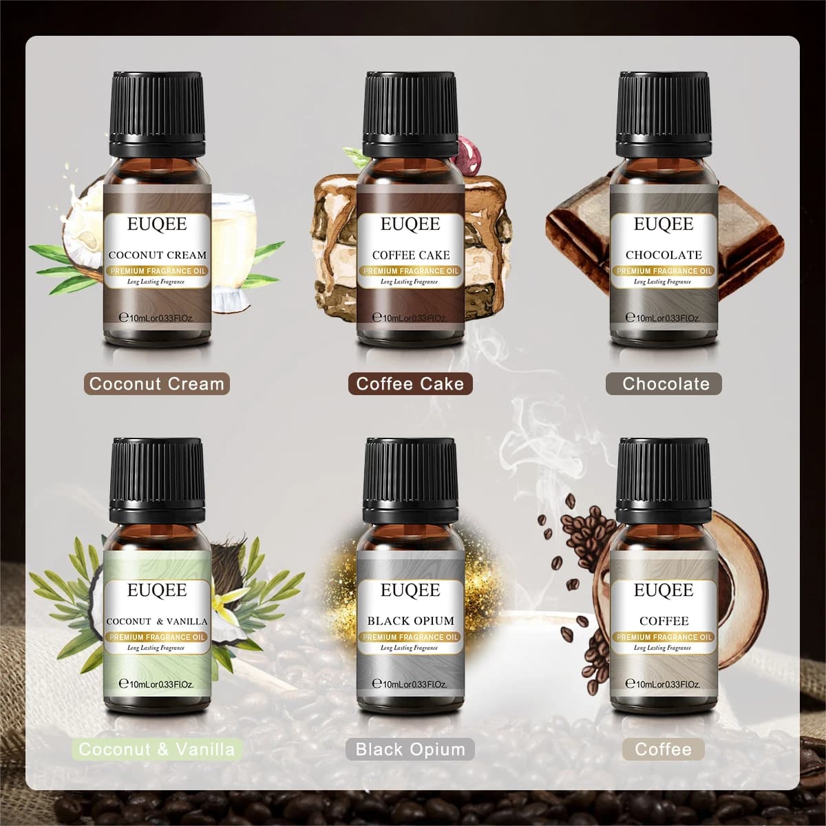 EUQEE 6 pièces/ensemble huile parfumée cadeau Kit pour diffuseur café boulangerie récolte épices citrouille tarte forêt pin fruits sucrés arômes huiles