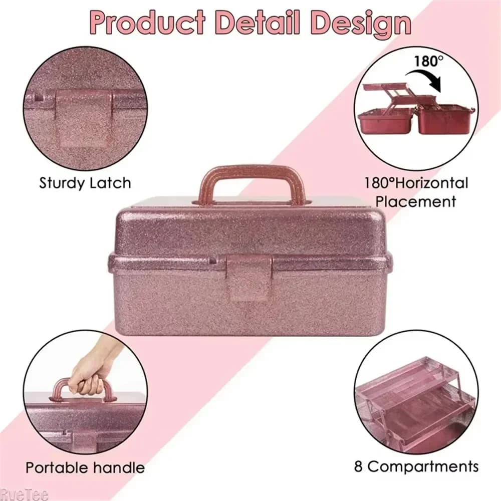 Boîte de rangement à main pliable à 3 couches, boîtes d'accessoires de cosmétiques de beauté à paillettes avec poignée, boîte à outils de maquillage de grande capacité pour usage domestique