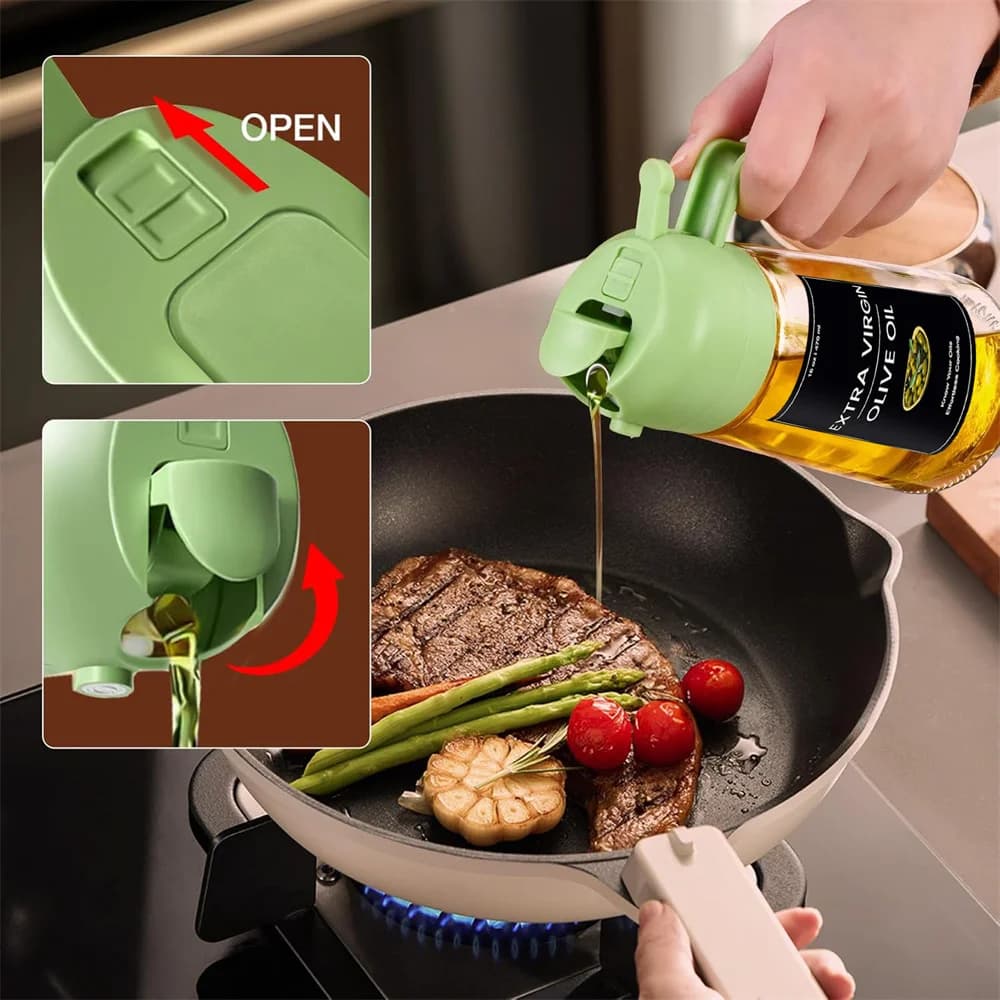 Distributeur d'huile 2 en 1, pulvérisateur d'huile pour la cuisson, distributeur d'huile 16oz/470ML pour la cuisine, bouteille distributrice d'huile d'olive avec autocollants