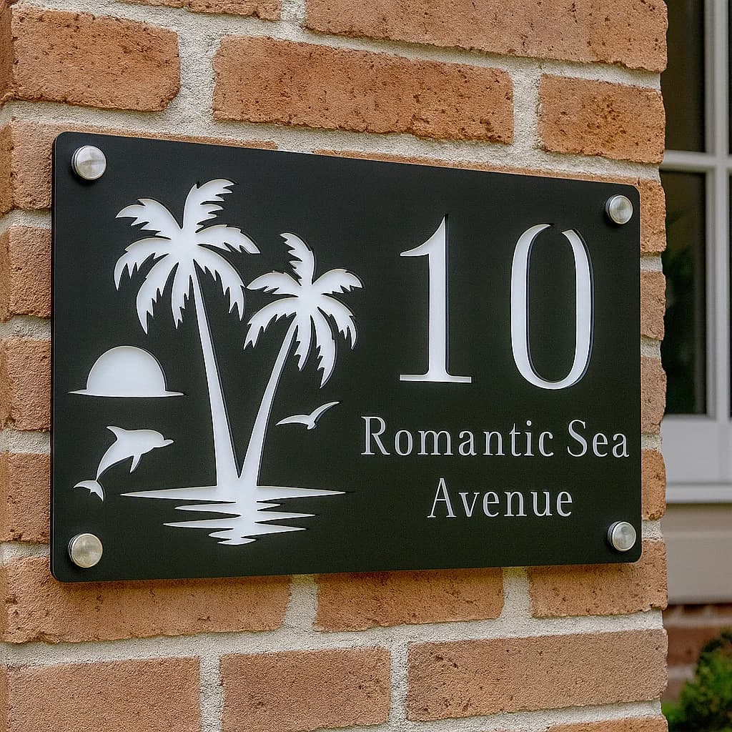 Panneau de numéro de maison en acrylique découpé au Laser personnalisé, palmier bord de mer, lever du soleil, pour plaque d'adresse extérieure, panneaux muraux, plaque nominative