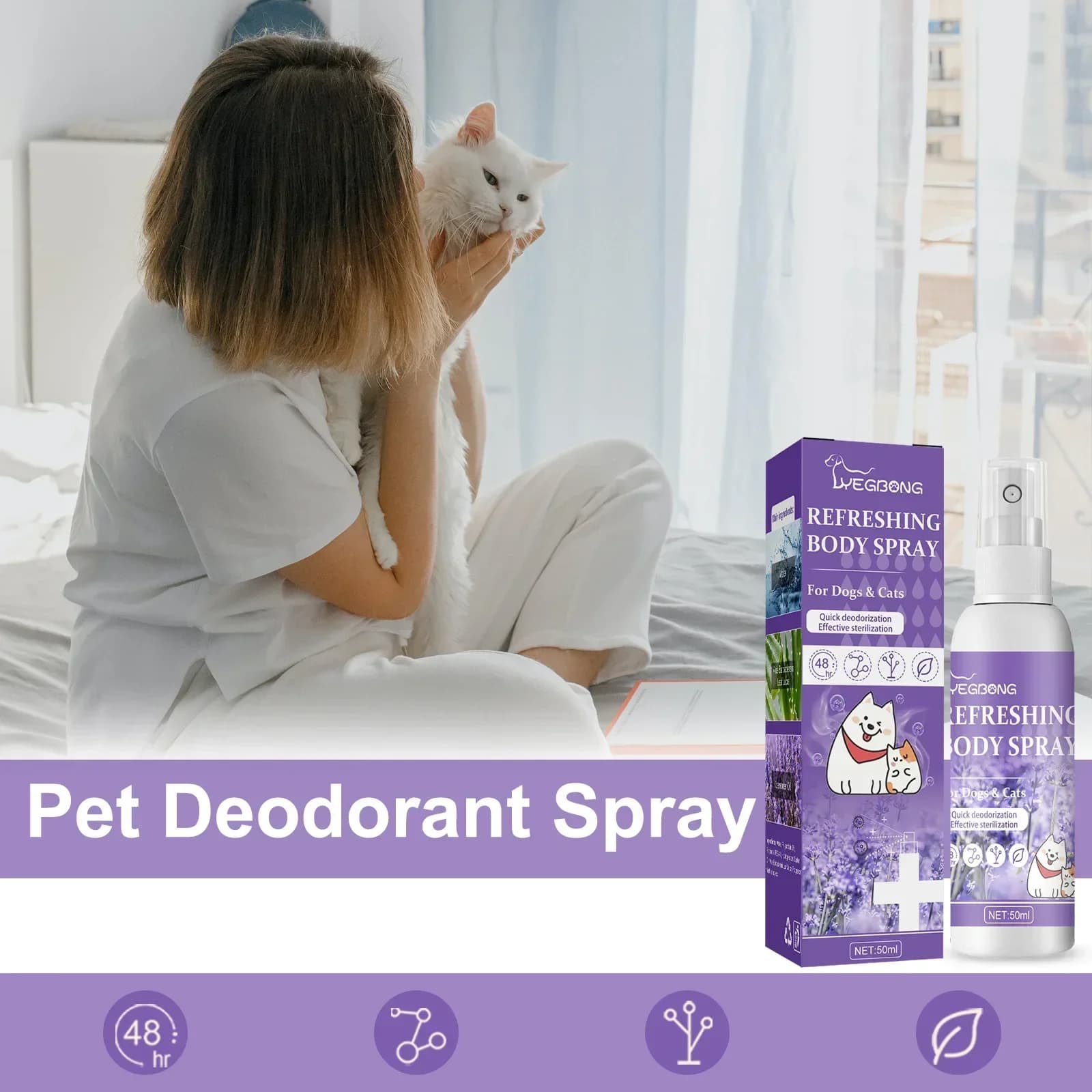 Spray désodorisant pour animaux de compagnie 50ml, parfum pour chien, huile de lavande, Spray désodorisant, Anti-démangeaison, parfumé, soins de beauté pour animaux de compagnie, chat et chien