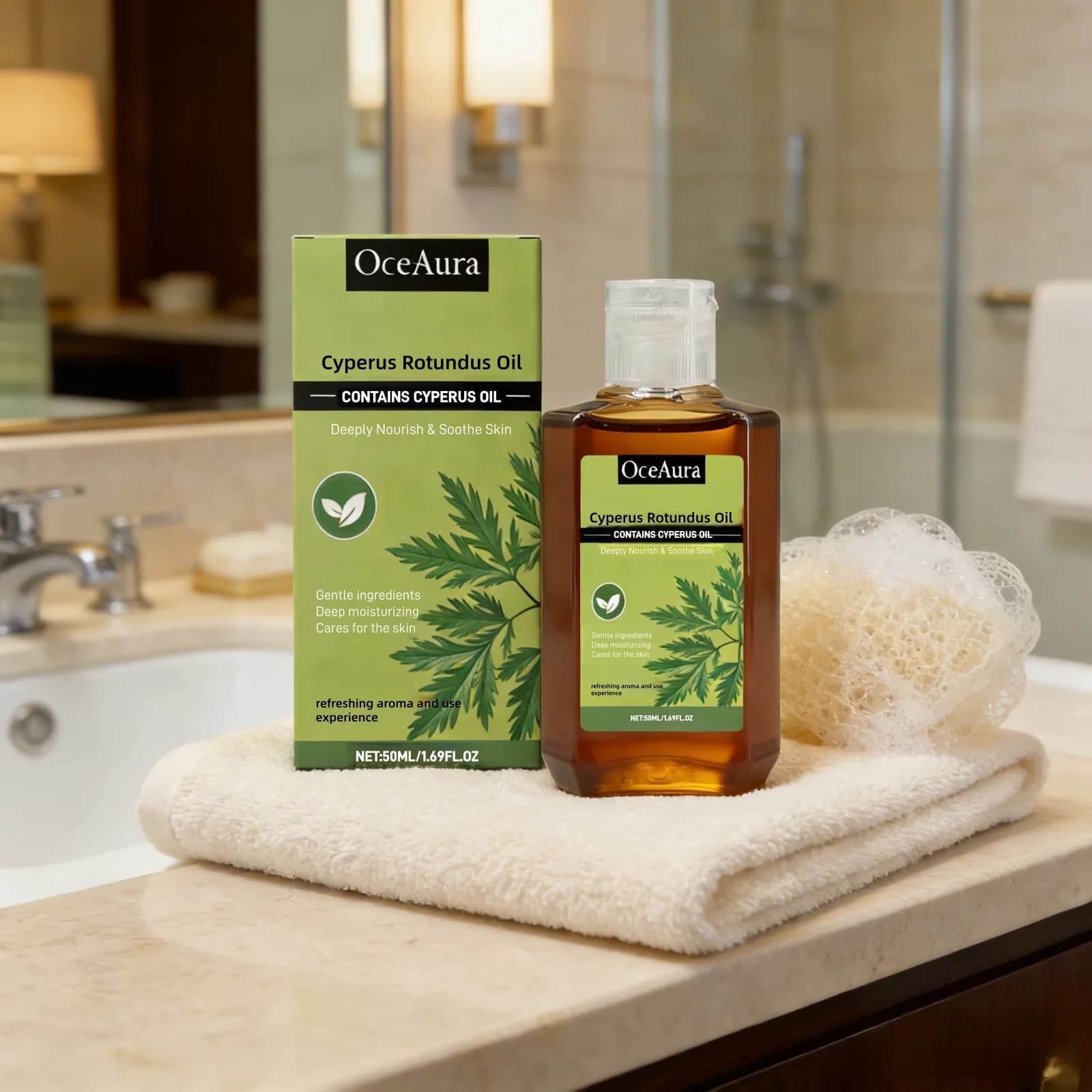 Huile de Cyperus Rotundus OceAura, hydratation intense, réparation de la peau, apaisement, amélioration des rougeurs, huile de massage non grasse pour le soin du corps, 50 ml