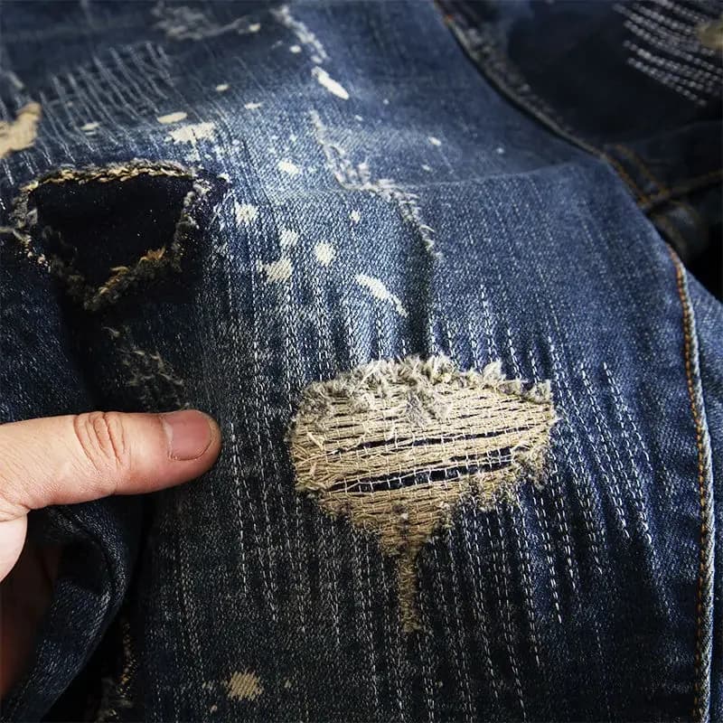 Jeans de moto en coton vintage pour hommes avec poches imprimées