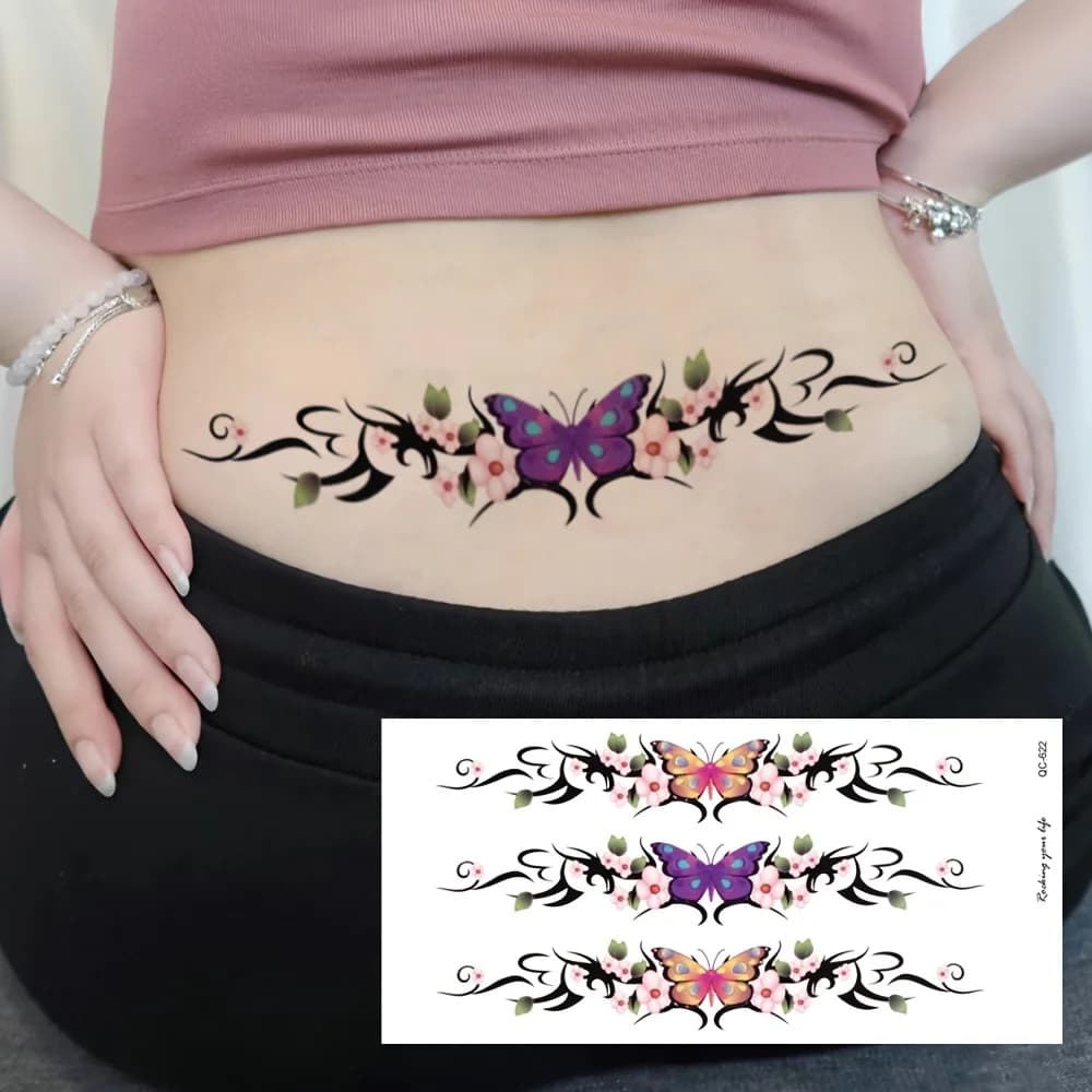 4 feuilles Sexy ventre taille tatouage autocollants femmes couverture cicatrice temporaire tatouage autocollants Tribal fleur papillon jetable tatouage