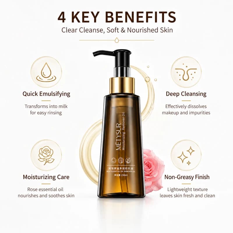 Démaquillant à l'huile essentielle de rose 150ml, huile nettoyante en profondeur, nettoyant doux pour le visage, les yeux et les lèvres, démaquillant waterproof