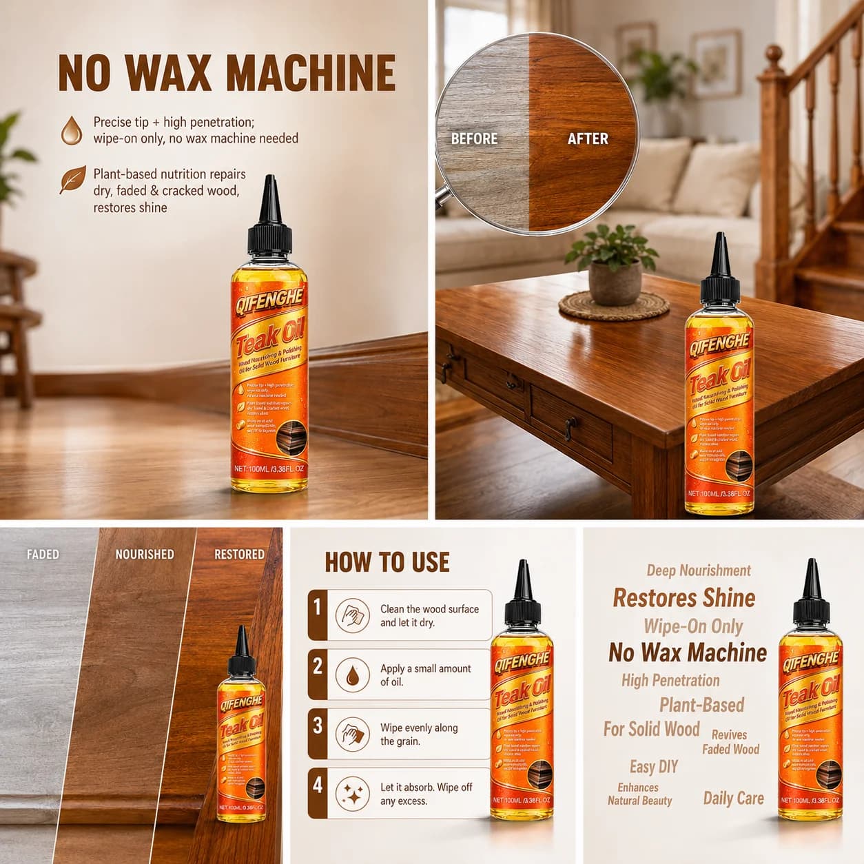 Huile de teck professionnelle pour meubles en bois 100ML, soin nourrissant facile à appliquer pour réparer le bois endommagé et restaurer une brillance durable
