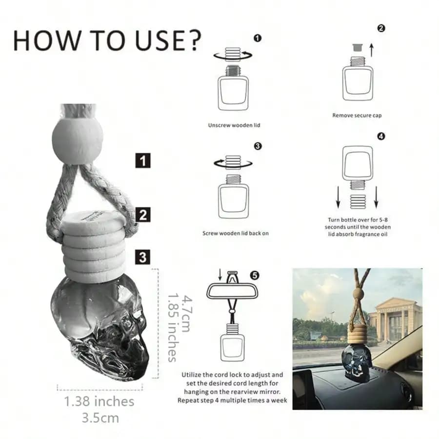 Diffuseur de parfum pour voiture en forme de crâne, huile parfumée pour voiture, dure plus de 60 jours, parfum masculin, concentration à 30 %, désodorisant pour l'intérieur de la voiture