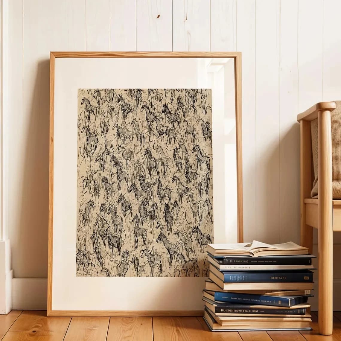Affiche murale imprimable avec croquis de chevaux sauvages, impression artistique équestre minimaliste vintage, images murales vives pour la maison