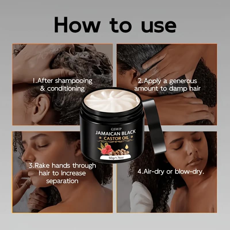 Crème pour boucles à l'huile de ricin GSWP. Hydrate en profondeur les cheveux bouclés, ajoute de la brillance, réduit les nœuds et contrôle les frisottis. 50g/100g