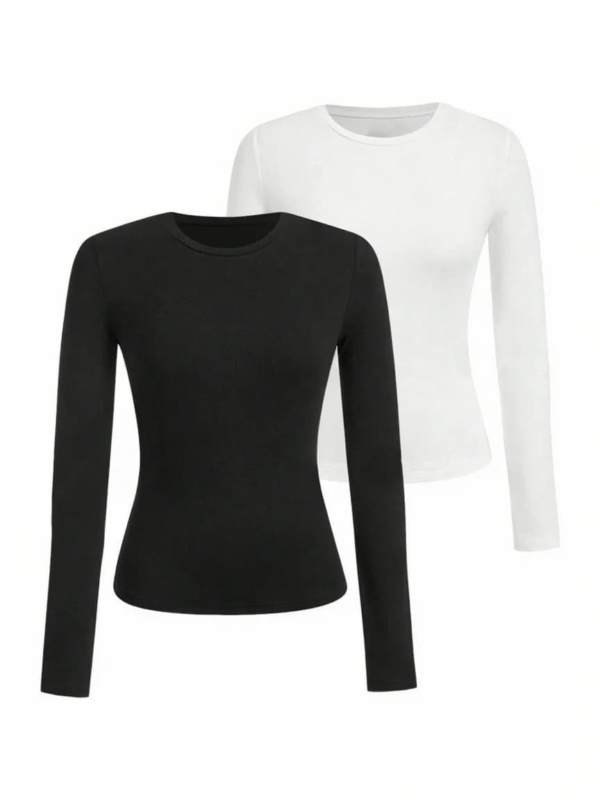 T-shirt femme manches longues couleur unie - Tissu tricoté polyester, col rond, coupe régulière, style automne-hiver