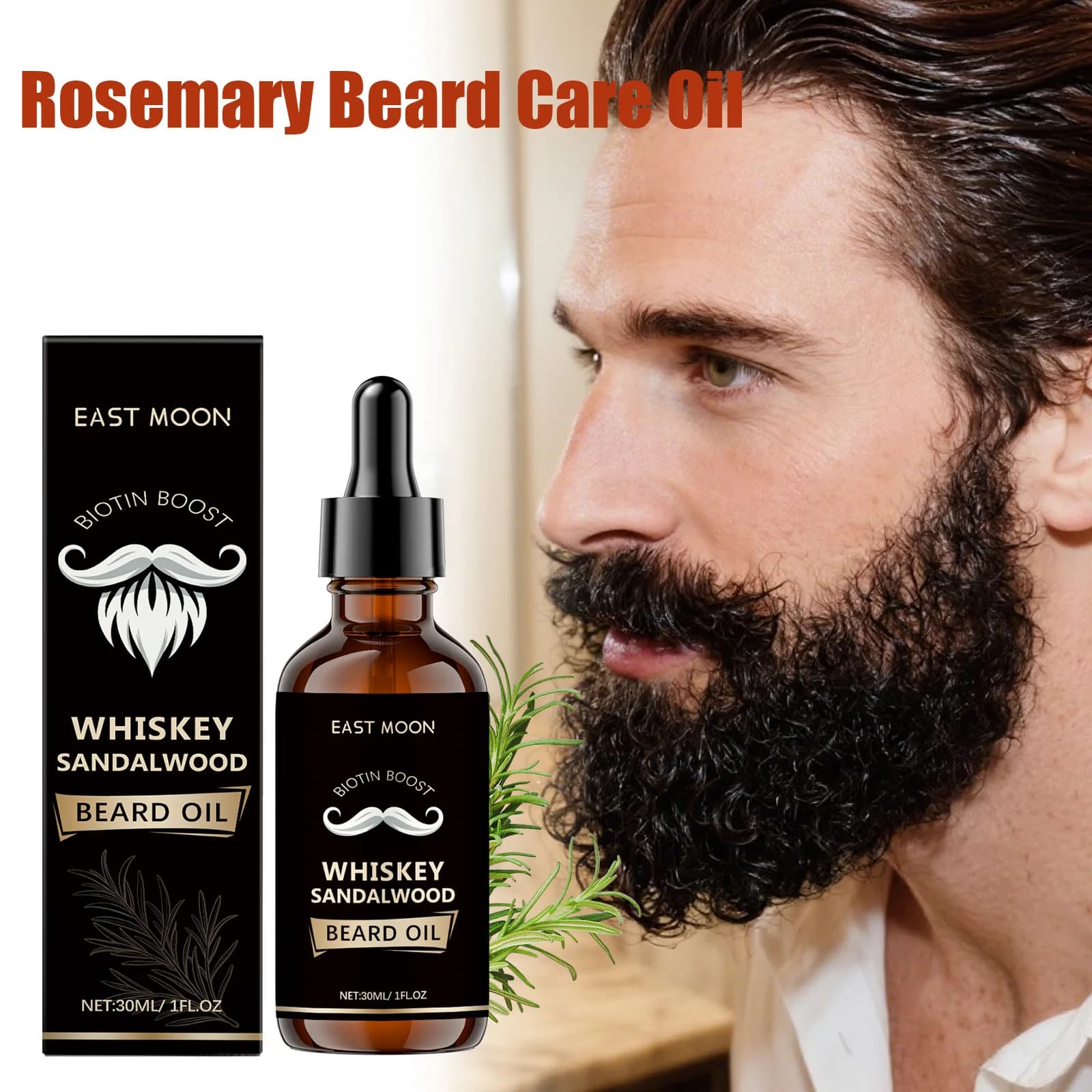 Huile Essentielle de Soin de la Barbe au Romarin pour Hommes – Huile Nourrissante pour une Barbe Épaisse, Douce et Lisse – Soin de la Barbe Adoucissant et Coiffant Non Gras