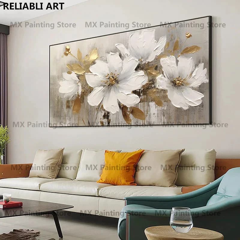 Peinture à l'huile de fleurs dorées sur affiche, imprimés sur toile, Art mural, peinture florale blanche abstraite, décor de salon, décor de maison sans cadre