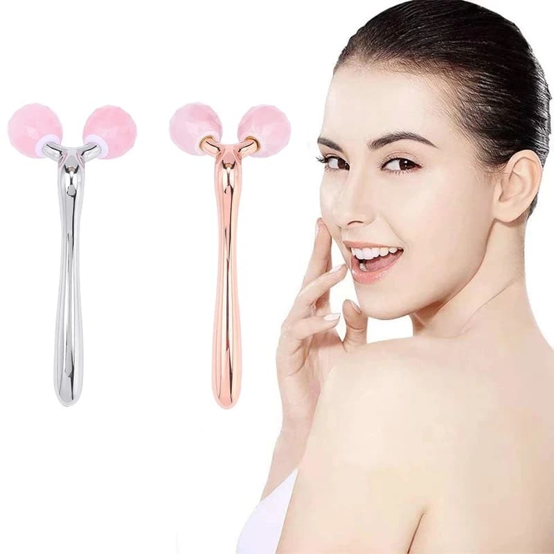 Masseur de Jade à rouleau 3D pour le visage, Quartz Rose, pierre naturelle, rotation à 360 degrés, élimine les rides, outil de Lifting pour soins de la peau