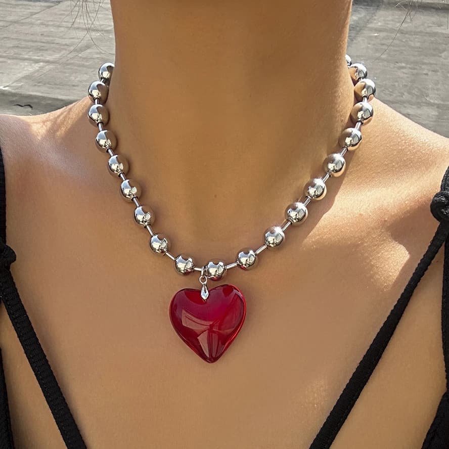 Collier pendentif coeur d'amour coloré pour femme, perles de document en argent, accessoires bijoux, hip hop, punk, steampunk, JOGrunge, 6 couleurs