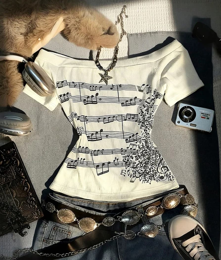 T-Shirt rétro à manches longues et épaules dénudées pour femmes, ajusté, orné d'une impression de notes musicales, à la mode, Style rétro Y2K, haute qualité