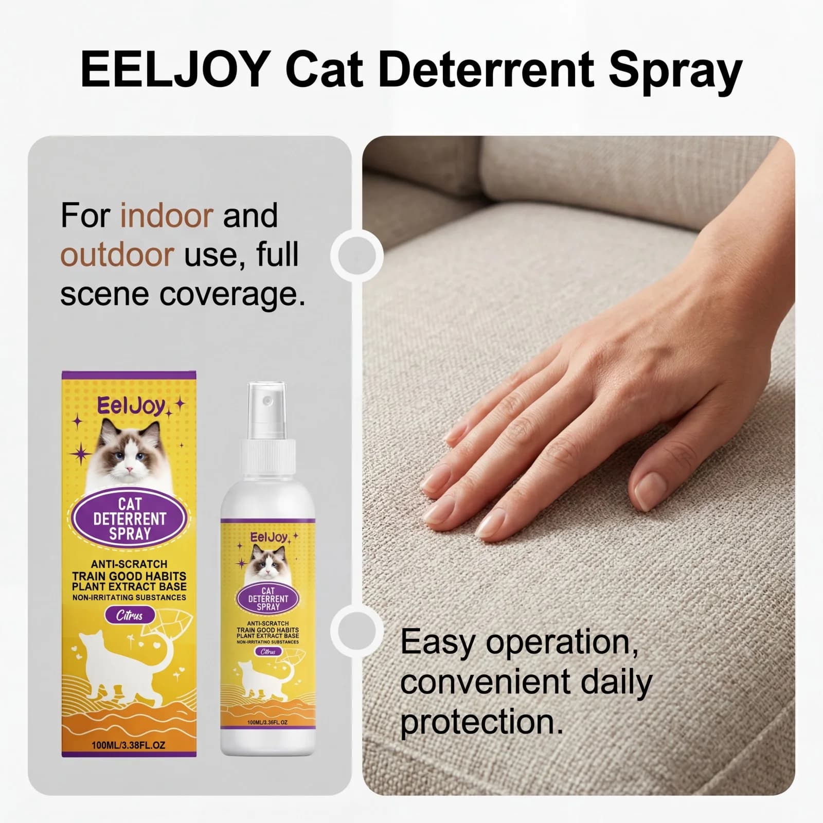 Spray Répulsif pour Chats Intérieur/Extérieur – Arrête les Griffades sur Canapé et les Marques d'Urine – Protection Longue Durée pour Meubles – Dissuasion pour Animaux de Compagnie – 100ml