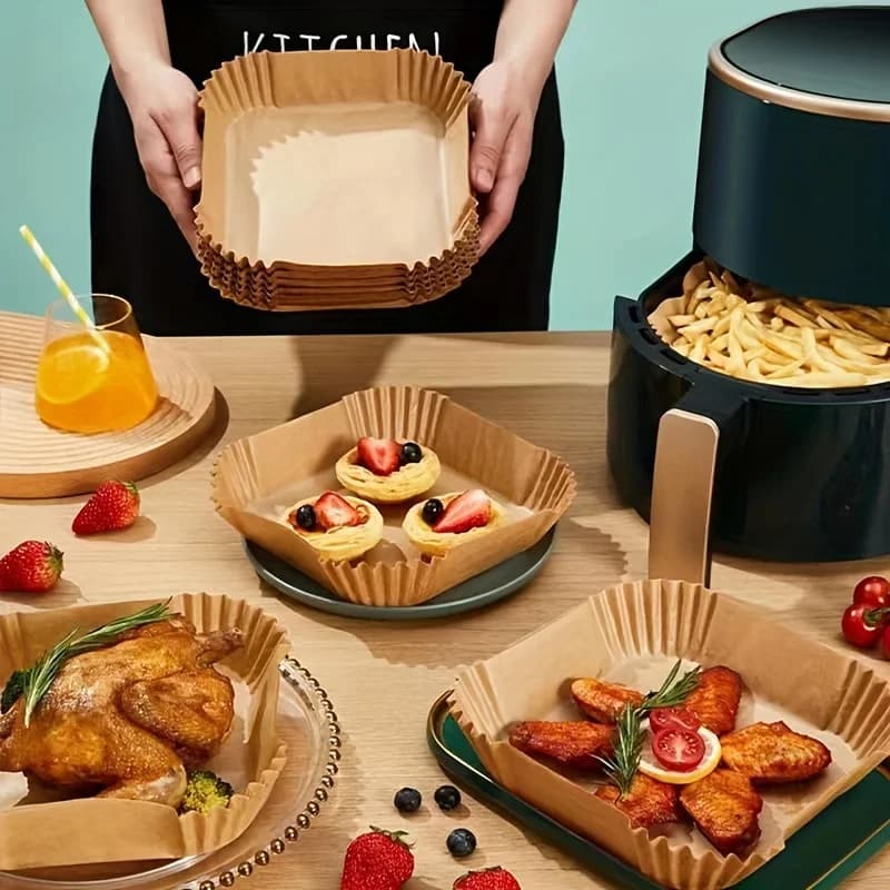 50 paquets de papier antiadhésif doublé avec friteuse à air pour la cuisson et les fours à micro-ondes