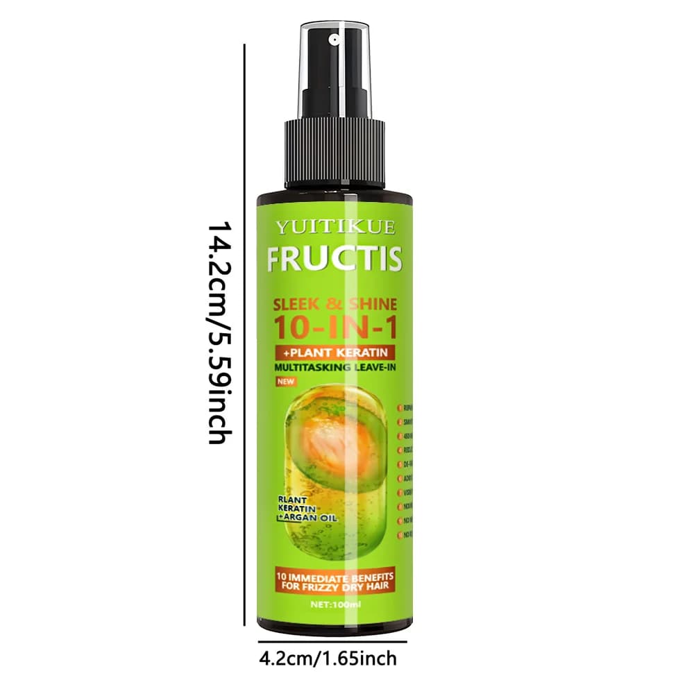 Laque pour cheveux 10 en 1, contenant une kératine végétale, offre 10 grands avantages pour cheveux secs et crépus, y compris réparer et lisser.