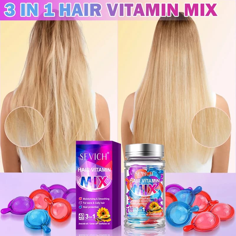 Capsules de Vitamine pour Cheveux Mélangés, Soin Capillaire Réparateur, Maltraité, Frisé, Soyeux, Hydratant, Lissant, Nourrissant, 40 Pièces