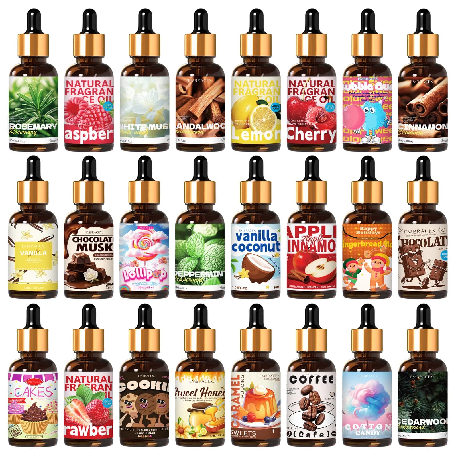 36 types d'huiles essentielles de 30 ml