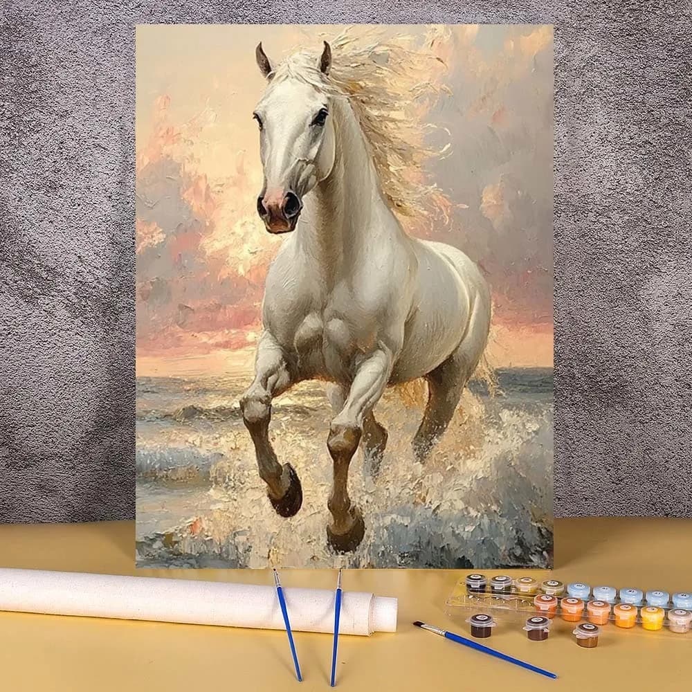 Bricolage cheval blanc peinture à l'huile par numéros ensemble couleur dessin sur toile peinture par numéro œuvres d'art décoration de la maison Kits cadeaux pour adultes