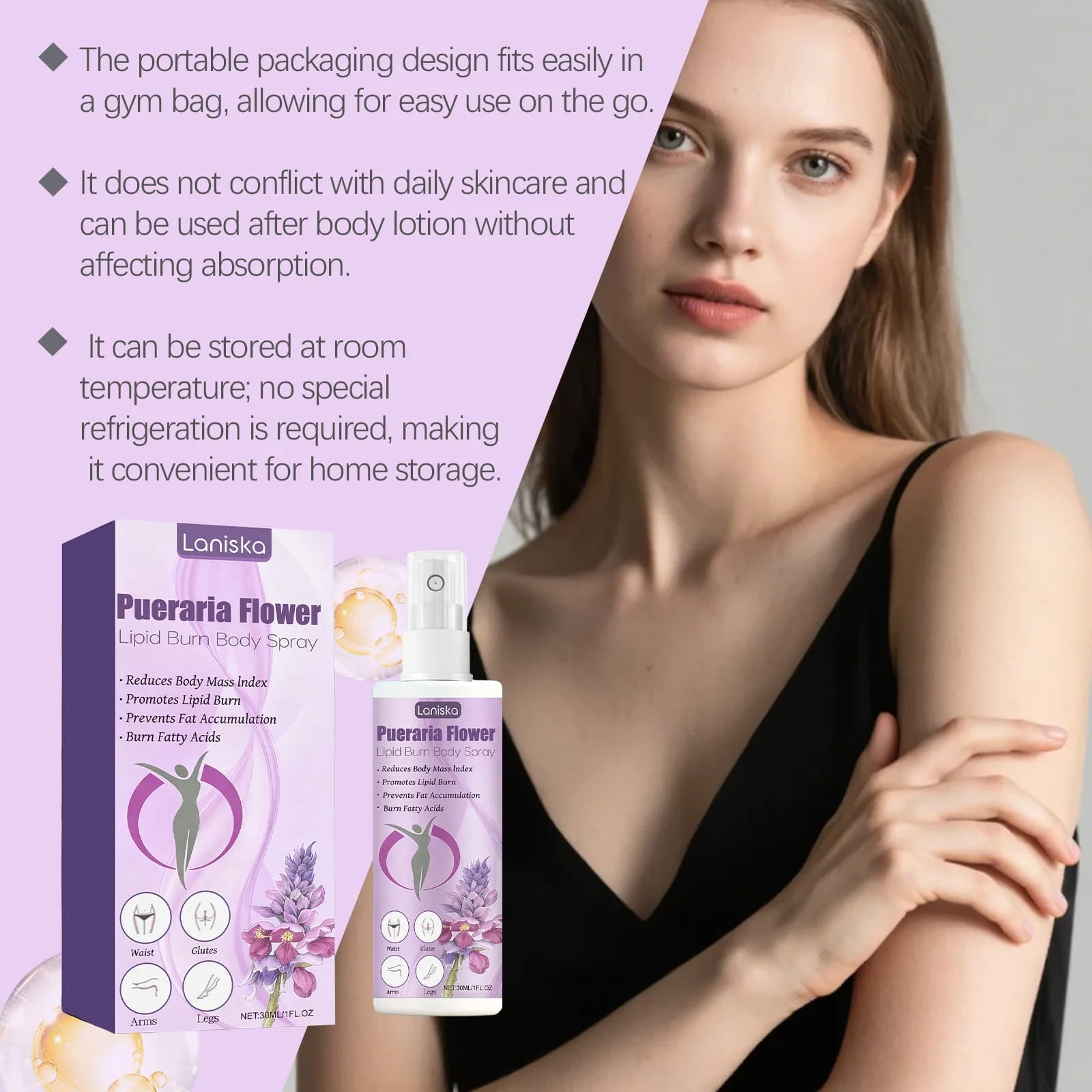 Le spray de soin corporel Pueraria mirifica est non gras, facile à absorber, favorise la circulation sanguine et convient à une utilisation quotidienne.
