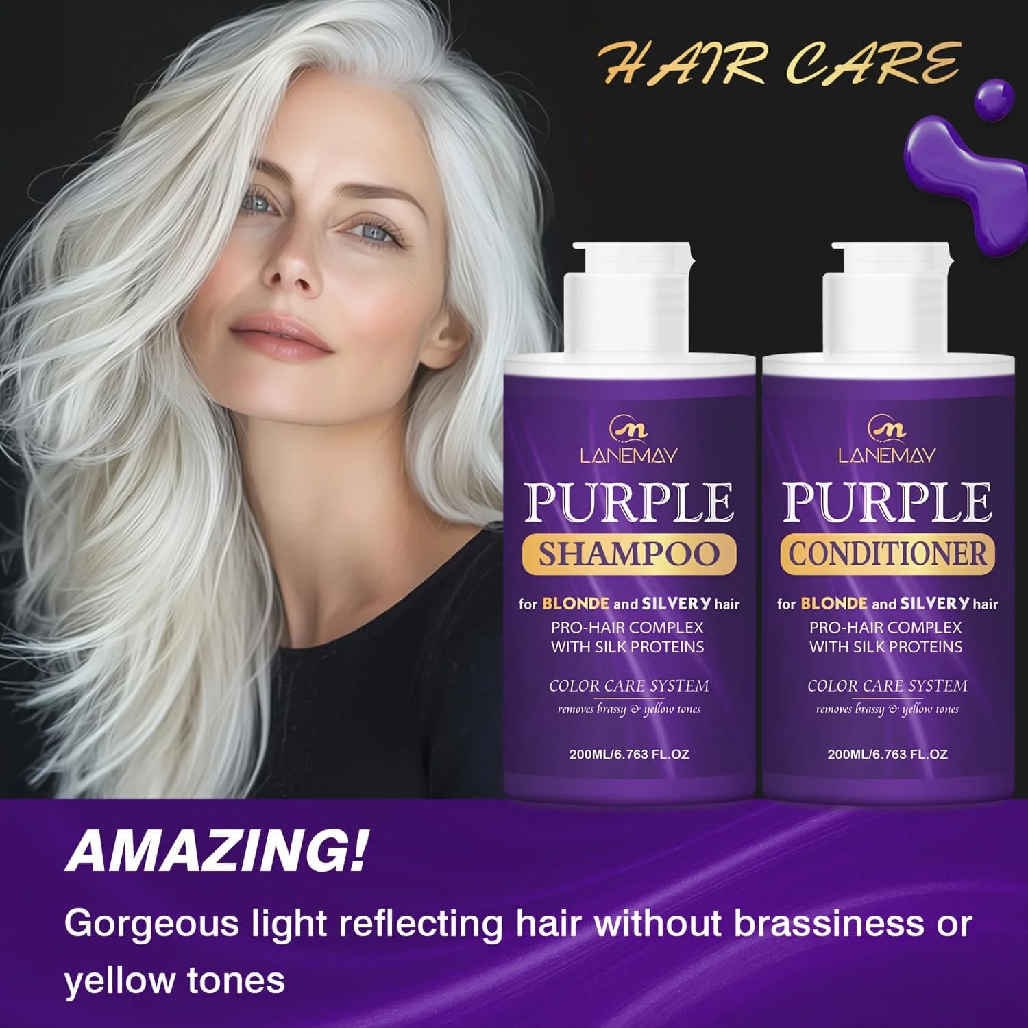 Ensemble shampoing et après-shampooing violet pour cheveux blonds, argentés ou bruns mis en évidence - hydrate et neutralise le ton jaune brassy
