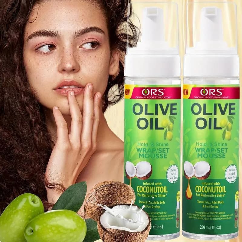 Mousse pour cheveux bouclés (207 ml) pour perruques, mousse coiffante à l'huile d'olive à tenue forte, mousse anti-frisottis pour coiffer les cheveux des femmes