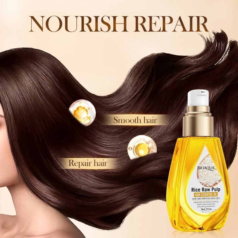 Huile Essentielle pour Cheveux à la Pulpe de Riz 70ml, Texture Fraîche, Facile à Absorber, Non Grasse, Nourrit Profondément les Cheveux, Rend les Cheveux Doux et Lisses, Facile à Peigner. Pas peiné qu
