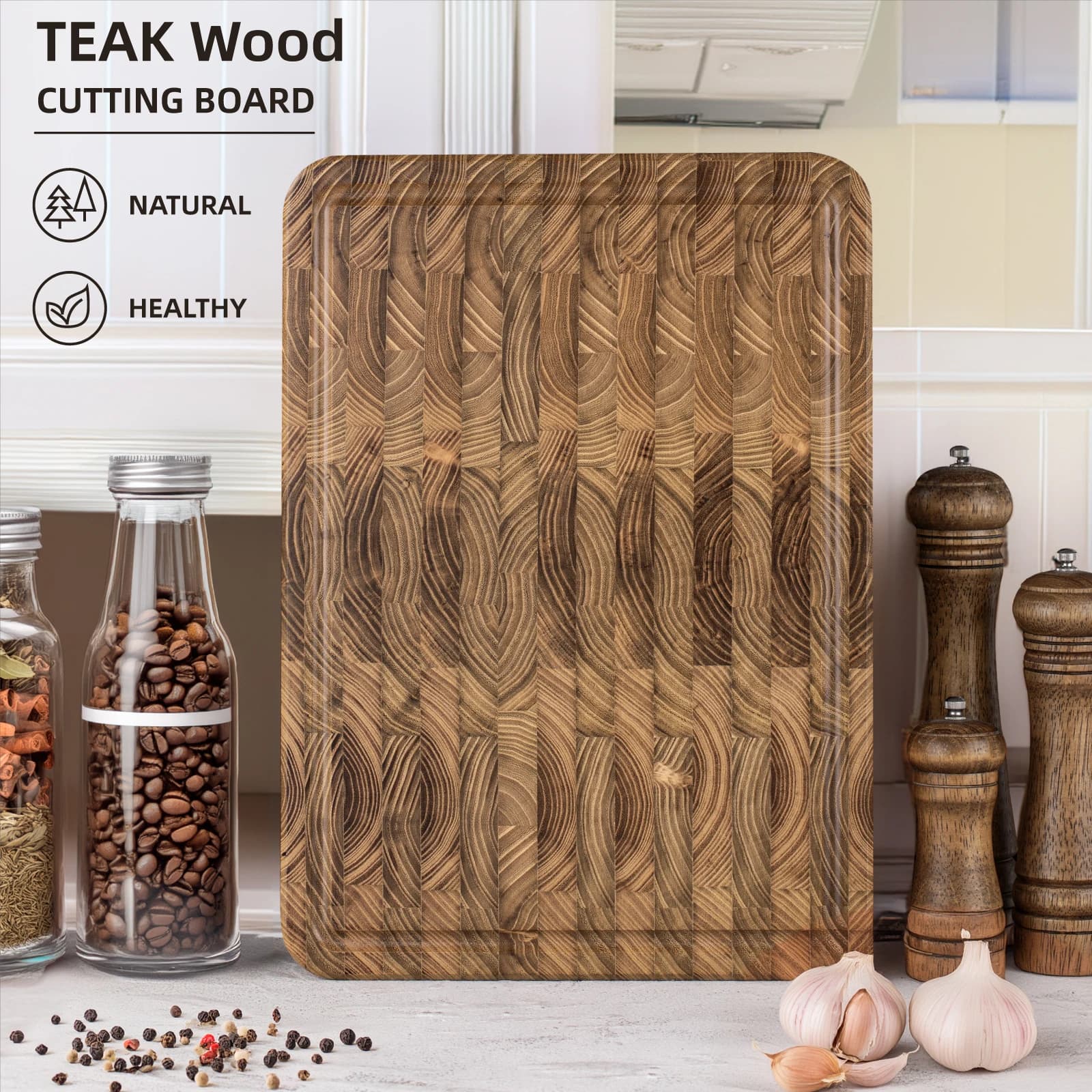 Planche à découper en teck de grain d'extrémité pour la cuisine, bois durable avec rainures de jus, poignées pré-huilées et faciles à saisir