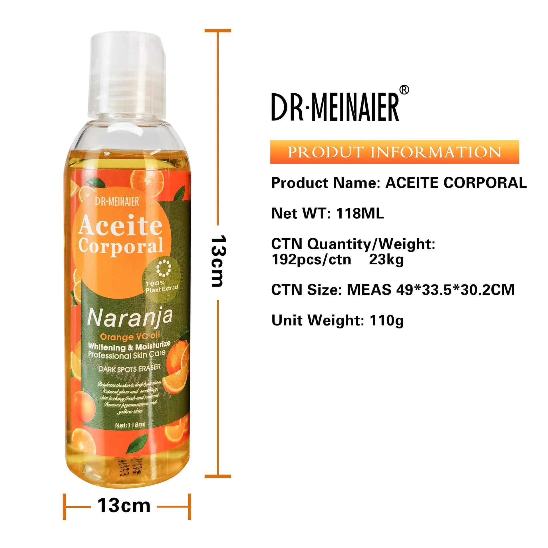 Huile de massage hydratante éclaircissante à l'orange VC 118 ml avec vitamine E