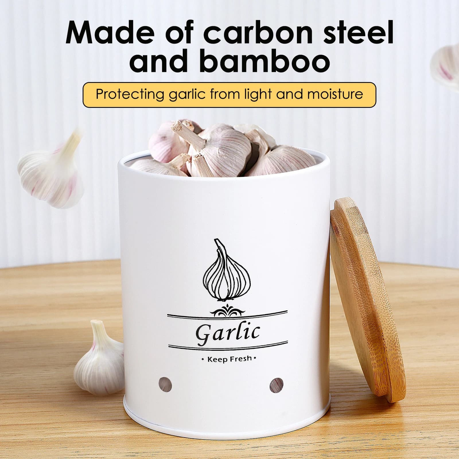 Pot de rangement pour gardien d'ail, boîte de rangement polyvalente pour oignon, pomme de terre, ail avec couvercle en bois, récipients alimentaires avec trous d'aération pour la maison