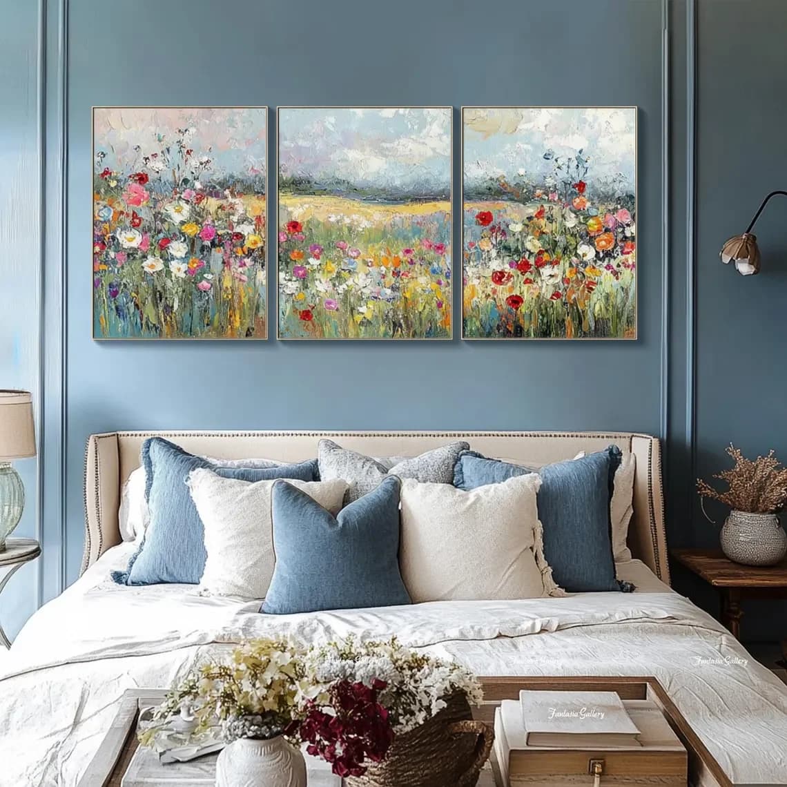 Peinture à l'huile de paysage originale, grande décoration murale florale, œuvre d'art 3D, triptyque mural, art mural vintage rustique, art mural coloré moderne