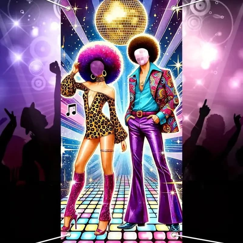 Toile de fond pour stand photo de fête de danse disco des années 70 – Bannière creuse sur le thème rétro avec néons