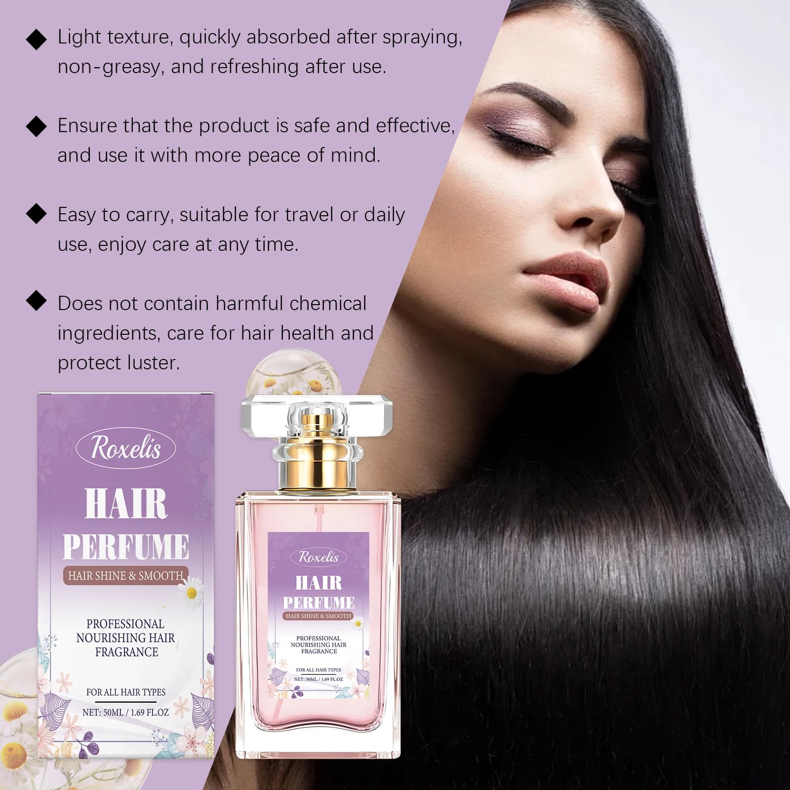 Roxelis 50ml Spray Parfumé pour Cheveux à la Camomille Hydratant Floral Soin Capillaire Féminin