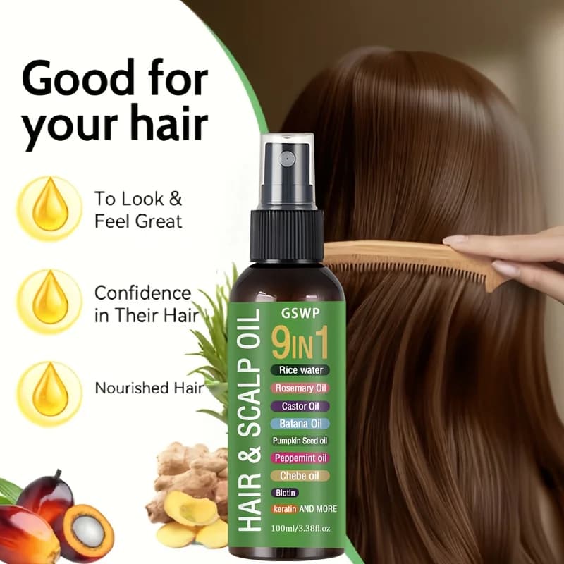 Huile capillaire GSWP 9-en-1, combat la sécheresse et la casse des cheveux, hydratation profonde, lissage et protection thermique. 100 ml / 200 ml