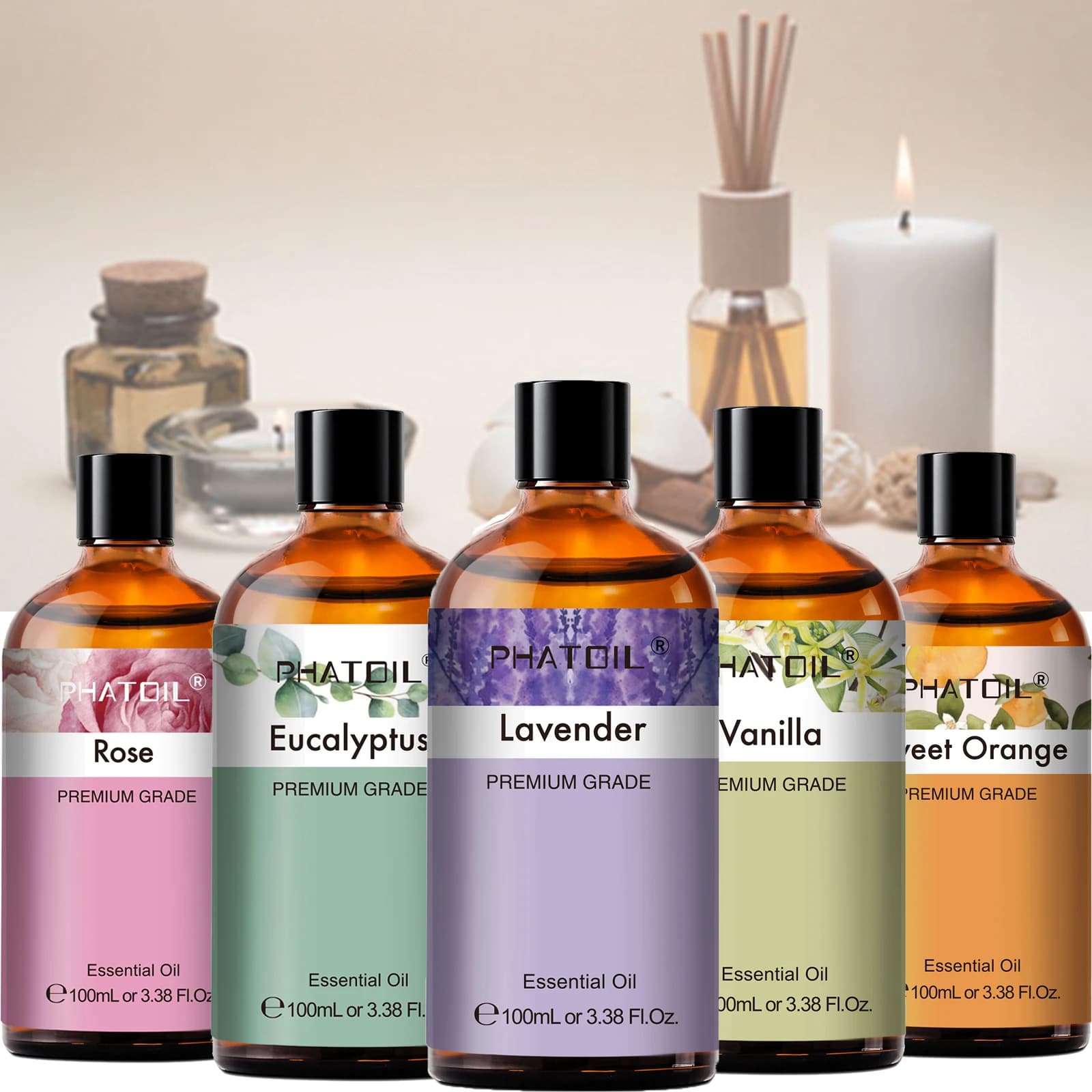 PHATOIL 100ml huiles essentielles naturelles pures pour diffuseur bougie faisant lavande jasmin vanille Eucalyptus arôme huile essentielle