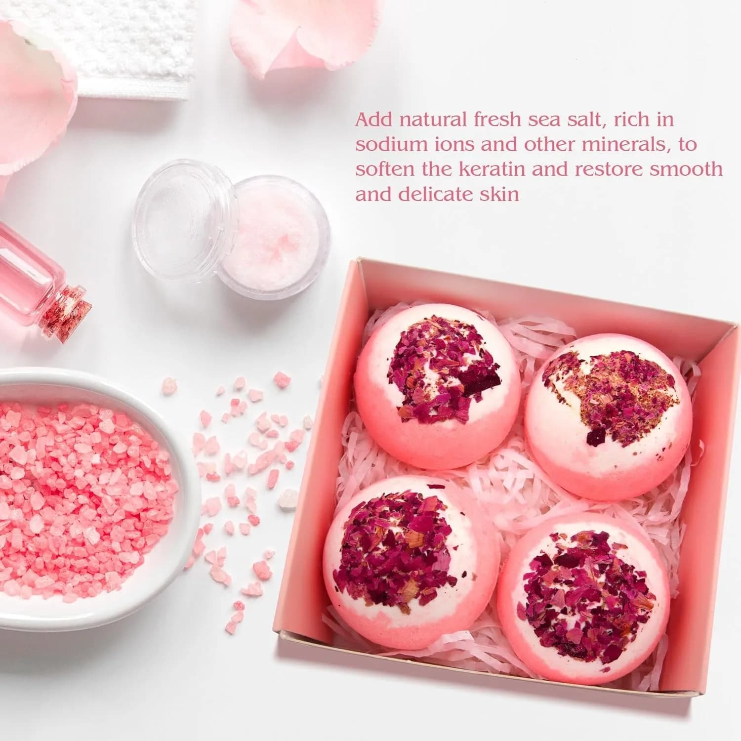 Bombes de bain à fleurs séchées, boules de sel, extrait de Rose, huiles essentielles, hydratant, peau sèche, pétillante, Spa, soins de Relaxation, bombe de bain à bulles