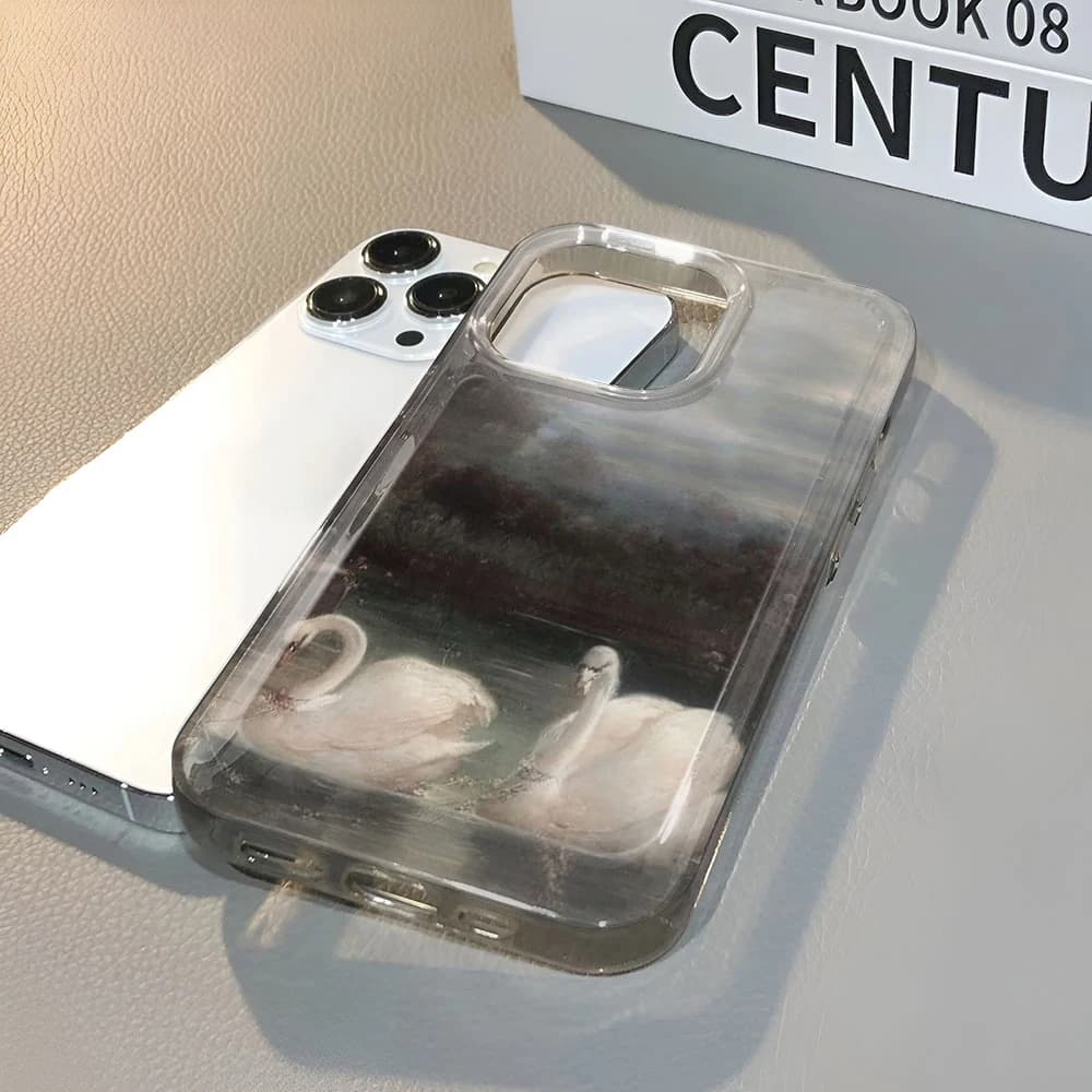 Coque souple en TPU flexible motif cygne peint à l'huile pour iPhone 12 15 11 13 17 Air 14 16 Pro Max Plus Air