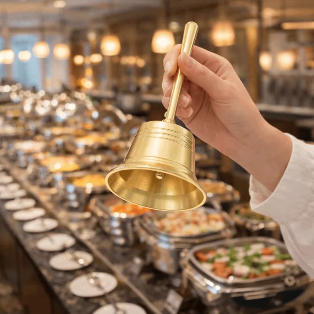 Cloche de service vintage en laiton massif, sonore et polie, avec son clair et net, pour salle à manger et réception