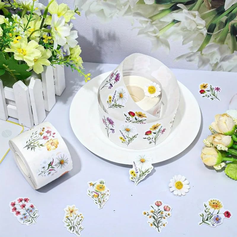 Rouleau d'autocollants de fleurs sauvages, 1 rouleau, décalcomanies en papier Floral coloré, autocollants auto-adhésifs pour Bouquet de fleurs