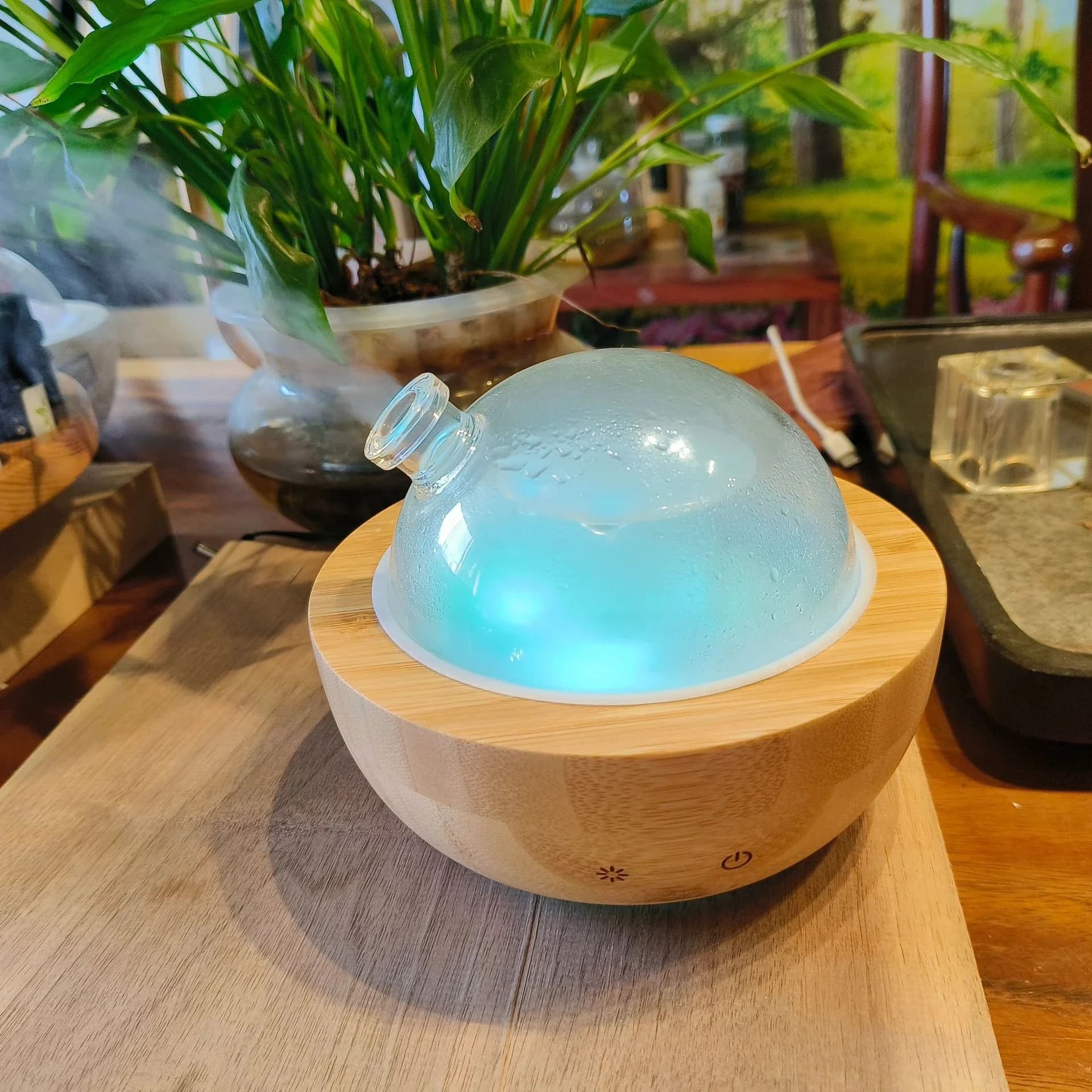 Diffuseur d'huiles essentielles en verre avec base en bois véritable, diffuseur d'aromathérapie à ultrasons, humidificateur en verre breton, lumière LED disponible, 200ml
