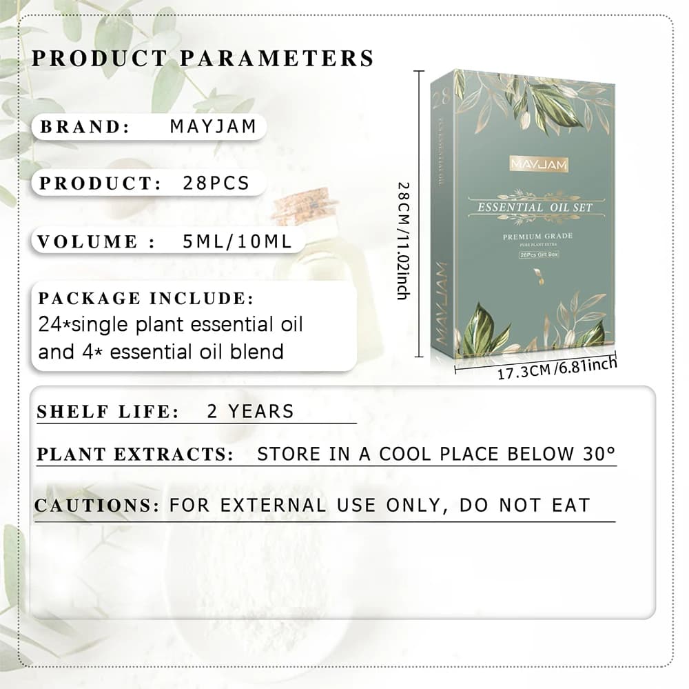MAYJAM – Kit d'huiles essentielles, 28 pièces/ensemble, coffret cadeau pour humidificateur, diffuseur aromatique, bougies parfumées, mélange d'huiles de lavande, citronnelle et rose