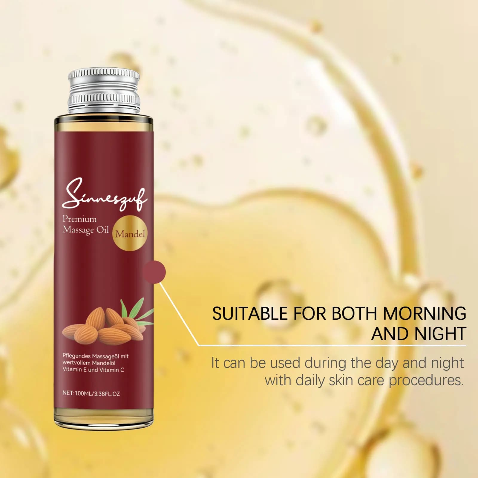 Huile de massage premium Sinmerguf à l'amande des montagnes, formule légère raffermissante et hydratante, nourrissante pour la peau, huile végétale naturelle et biologique