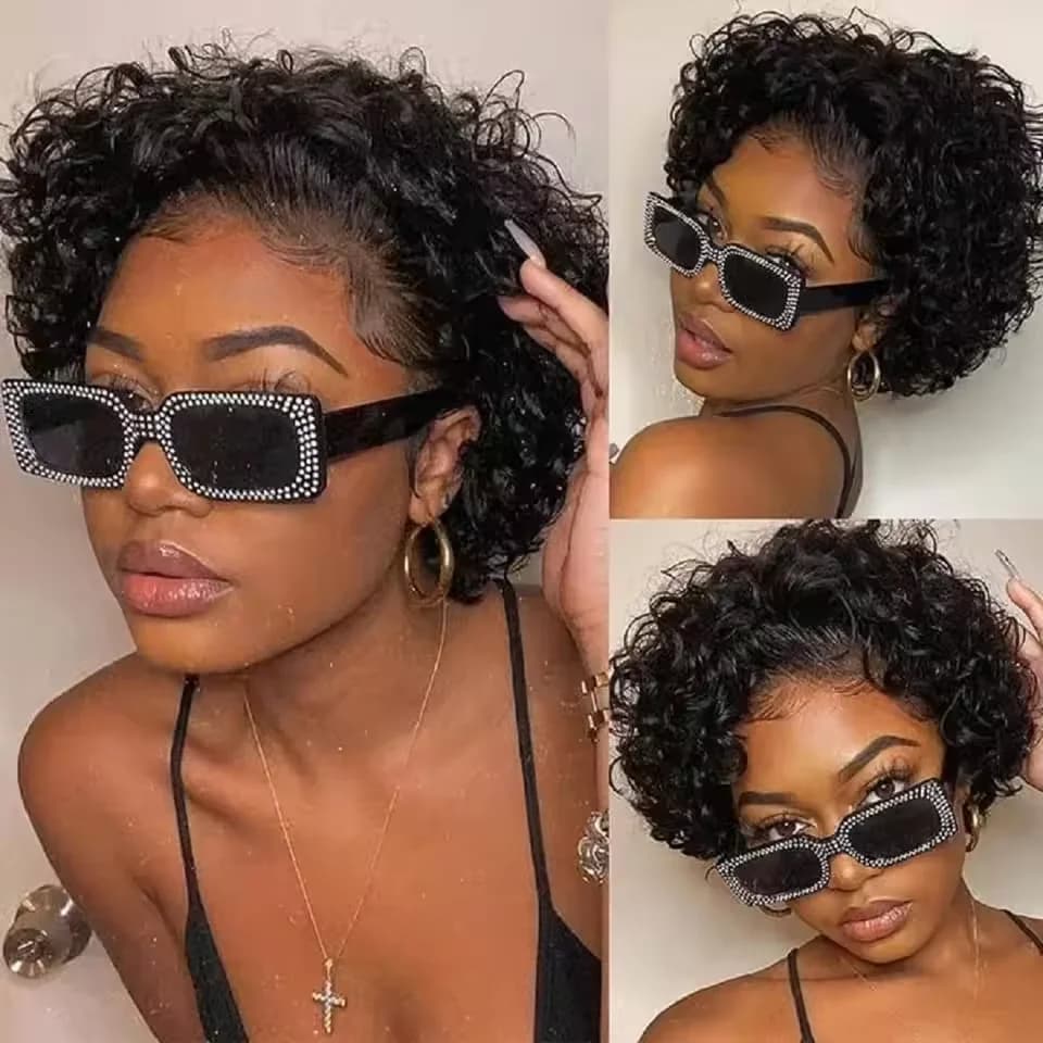 Perruque coupe lutin 13x1 dentelle frontale courte crépus bouclés Bob perruques brésilien vague d'eau Transparent dentelle avant cheveux humains perruques courtes